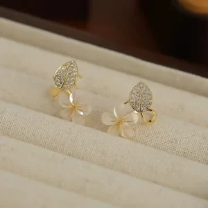 Leaves Flower Inly Alloy Rhinestones Gold Plated Drop Earrings