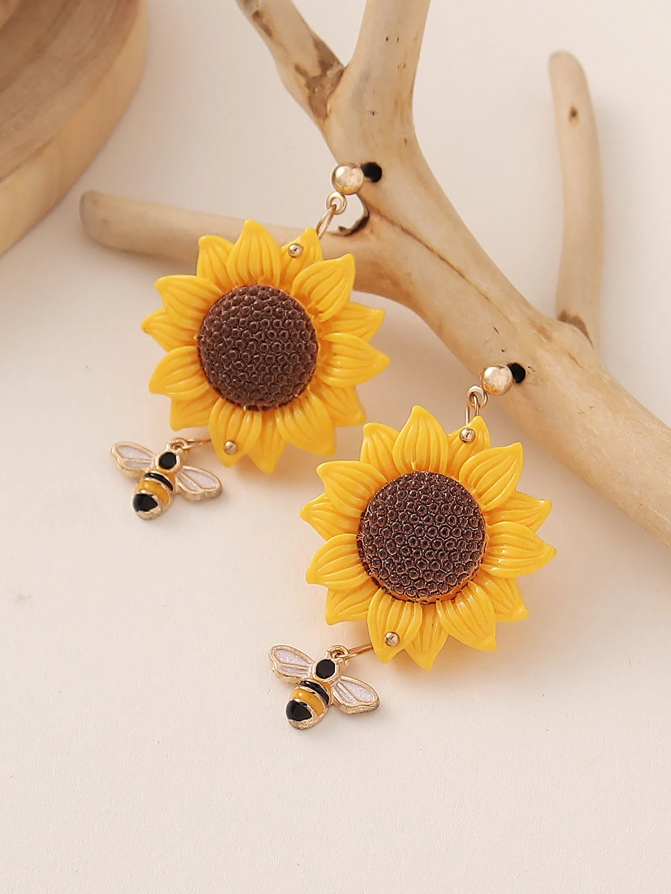 Sunflower and Bee Drop Earrings
