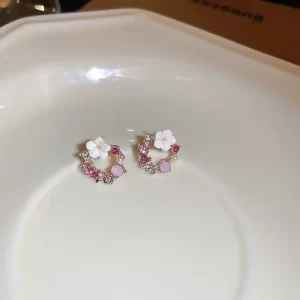 Pink Flower Artificial Diamond Earrings Ear Studs